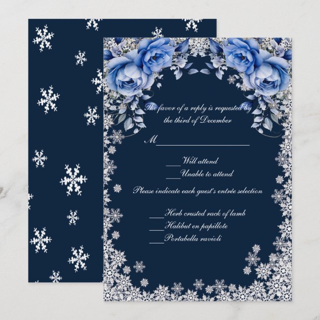Blue Roses Snowflake Christmas Wedding Response Invitation (Front/Back)