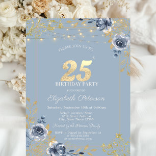 Blue Roses String Lights Dusty Blue 25th Birthday Invitation