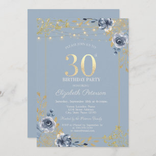 Blue Roses String Lights Dusty Blue 30th Birthday Invitation
