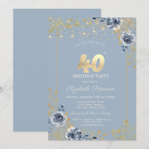 Blue Roses String Lights Dusty Blue 40th Birthday Invitation