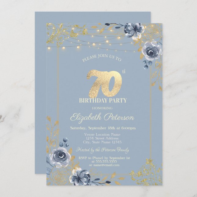 Blue Roses String Lights Dusty Blue 70th Birthday Invitation (Front/Back)