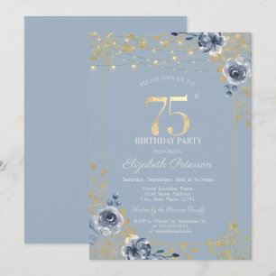 Blue Roses String Lights Dusty Blue 75th Birthday Invitation