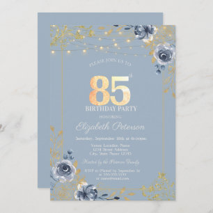 Blue Roses String Lights Dusty Blue 85th Birthday Invitation