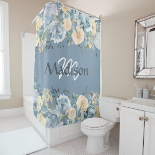Blue Roses Trendy Girly Monogram Shower Curtain