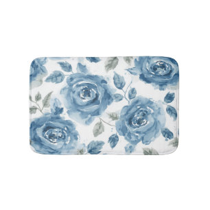 Blue Roses Watercolor Botanical Blooms Floral Bath Mat