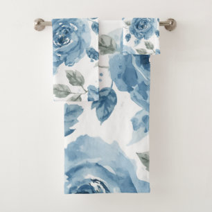 Blue Roses Watercolor Botanical Blooms Floral Bath Towel Set