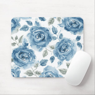Blue Roses Watercolor Botanical Blooms Floral Mouse Mat