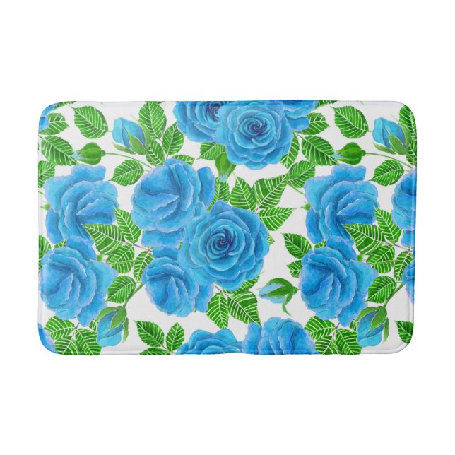 Blue roses watercolor seamless pattern bath mat (Front)