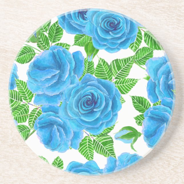 Blue roses watercolor seamless pattern coaster (Front)