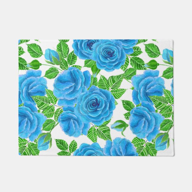 Blue roses watercolor seamless pattern doormat (Front)