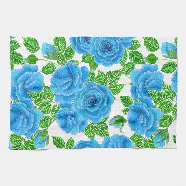 Blue roses watercolor seamless pattern tea towel (Horizontal)
