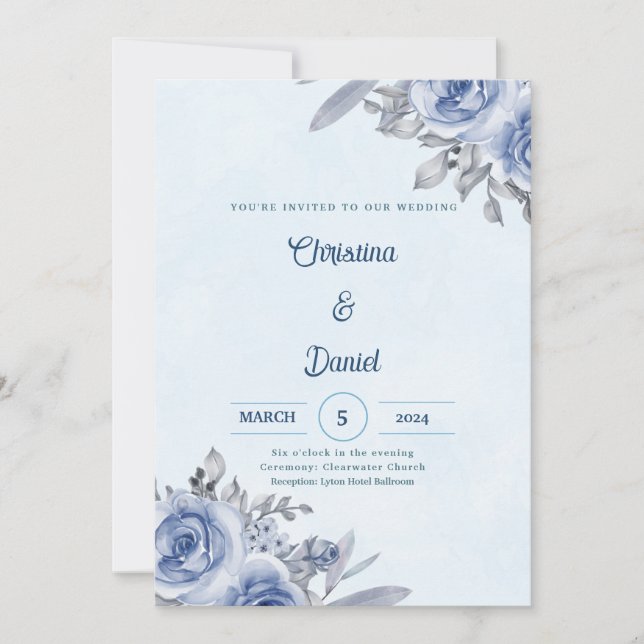 Blue Roses Watercolor Wedding Invitations (Front)