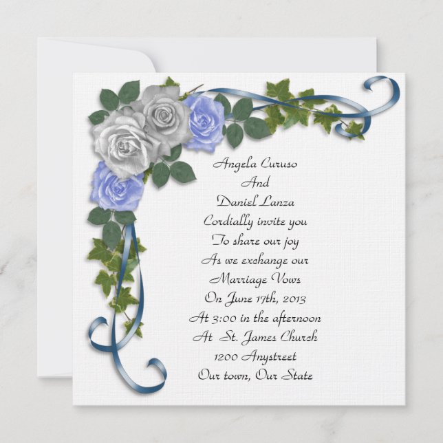 Blue roses wedding invitation elegant (Front)