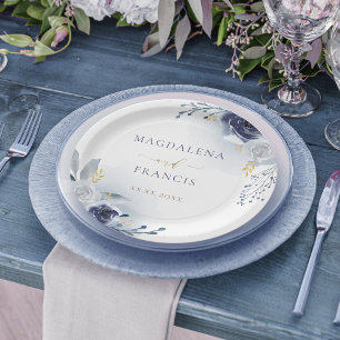blue roses wedding paper plate