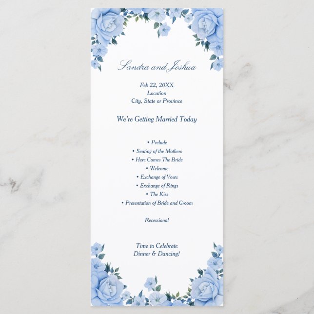 Blue Roses Wedding Program rack card (Front)
