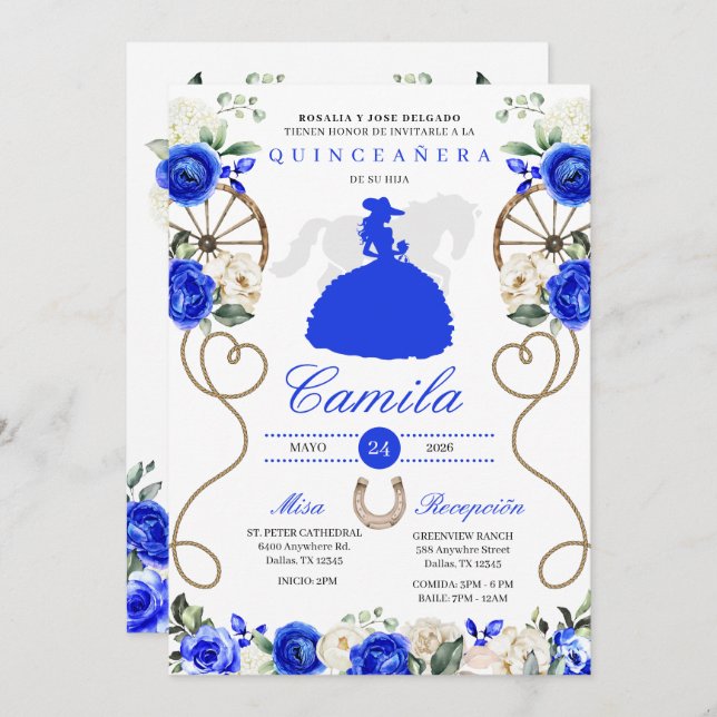 Blue Roses Western Mariachi Charro Quinceañera Invitation (Front/Back)