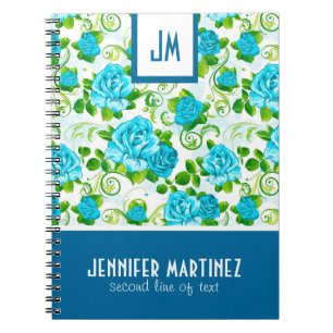 Blue Roses White Background Monogram Notebook