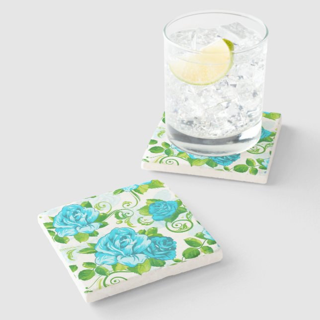 Blue Roses White Background Stone Coaster (Side)