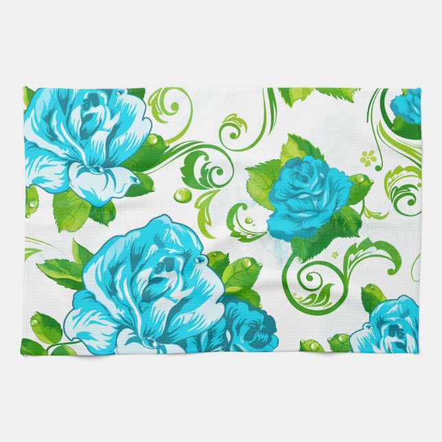 Blue Roses White Background Tea Towel (Horizontal)