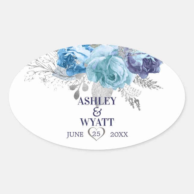 Blue Roses With Glittering Leaves Oval Sticker (Front)