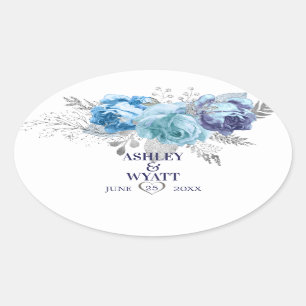 Blue Roses With Glittering Leaves Oval Sticker