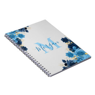 Blue Roses With Gold Glitter Script Monogrammed Notebook