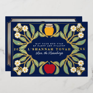 Blue Rosh Hashanah Jewish New Year Floral Photo Foil Holiday Card