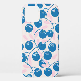 Blue round fruits with pink leaves,in a seamless p iPhone 12 case