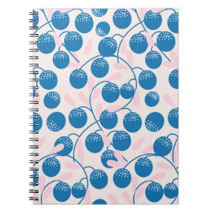 Blue round fruits with pink leaves,in a seamless p notebook