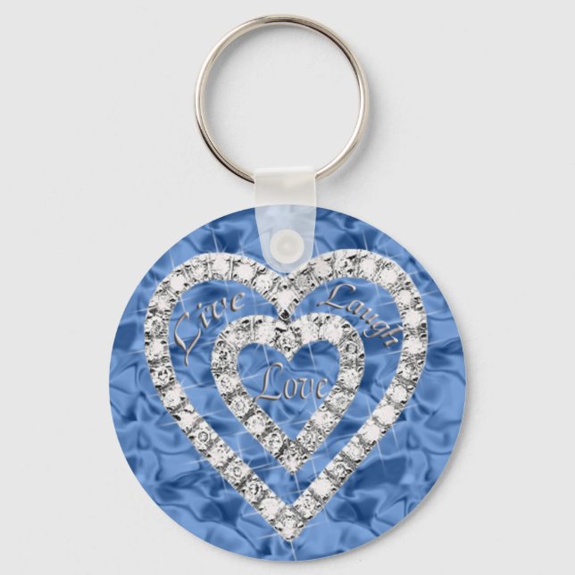 Blue Round Live Laugh Love Diamond Heart Keychain (Front)