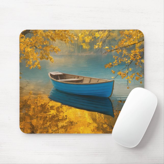 Blue Rowboat On Golden Lake Mouse Mat (With Mouse)