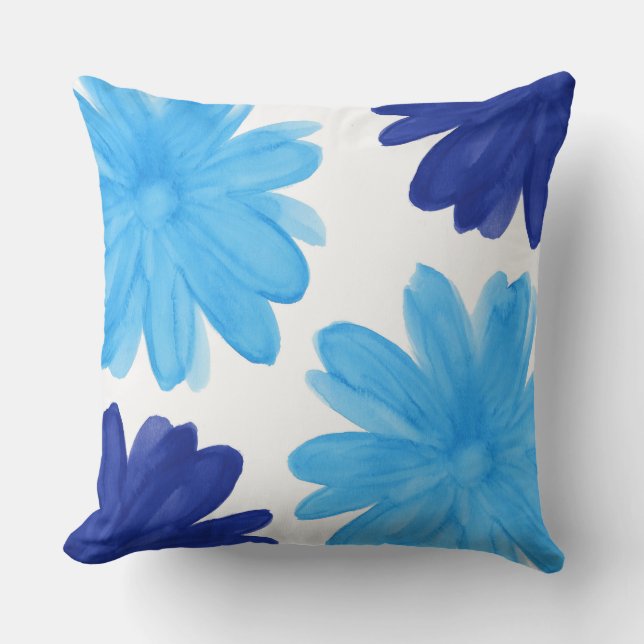 Blue Royal Blue Watercolor Flowers Cushion (Front)
