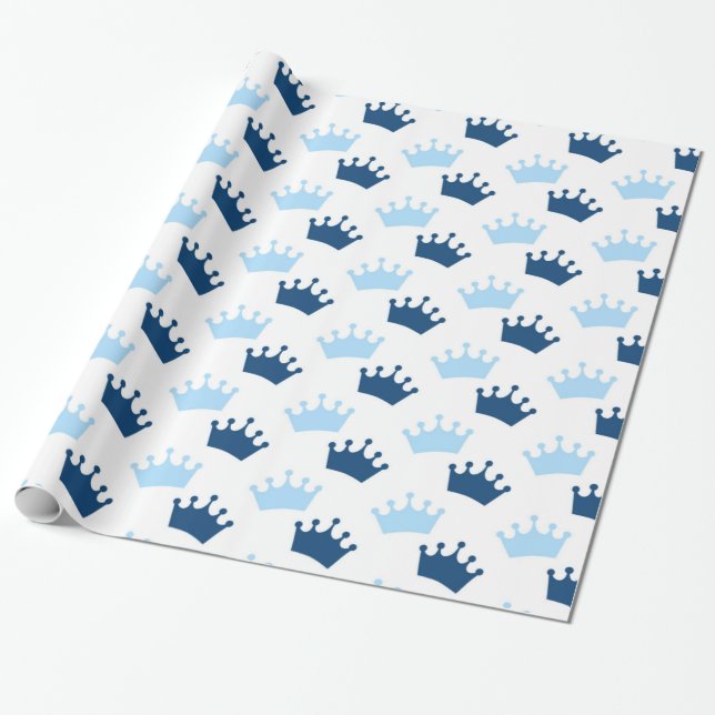 Blue Royal Crowns Fairytale Prince Storybook Party Wrapping Paper (Unrolled)