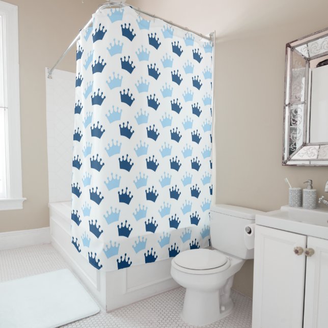 Blue Royal Crowns Fairytale Prince Storybook Shower Curtain (In Situ)