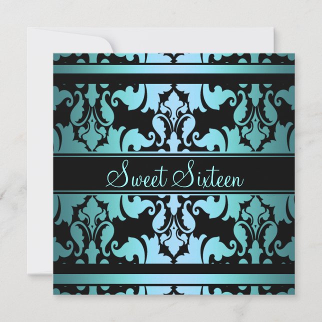 Blue Royal Damask Sweet16 Birthday Invite (Front)