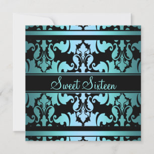 Blue Royal Damask Sweet16 Birthday Invite