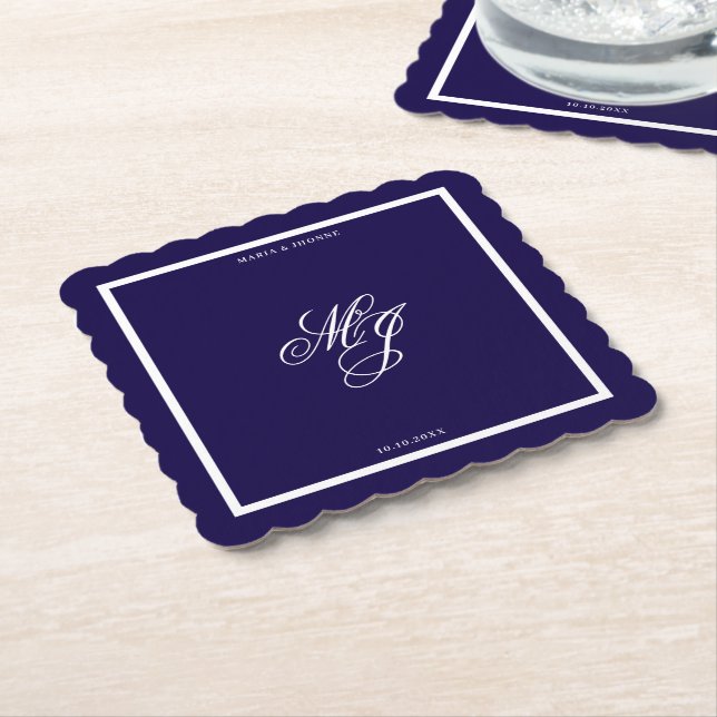 blue Royal elegance minimal calligraphy Wedding Paper Coaster (Angled)