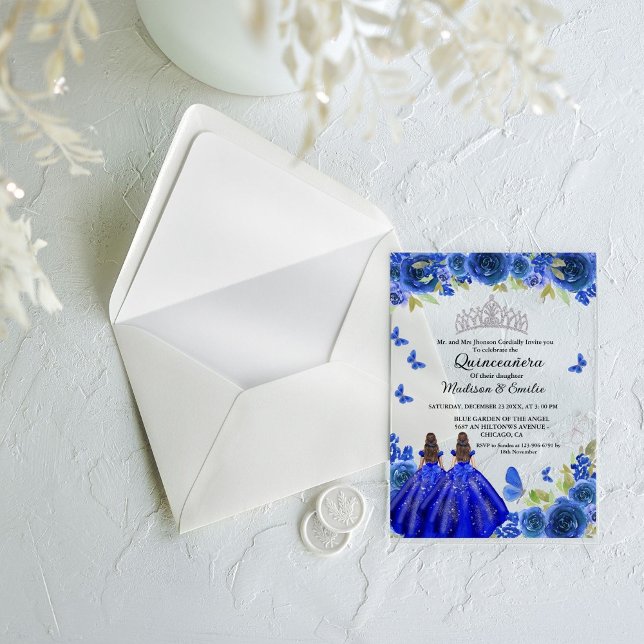 Blue Royal Floral Butterfly Twin Quinceanera  Acrylic Invitations (Creator Uploaded)