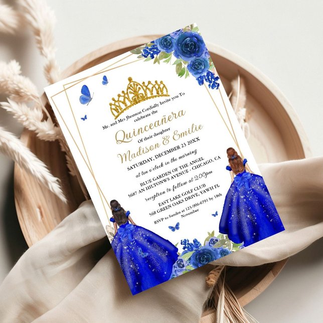 Blue Royal Floral Butterfly Twin Quinceanera Invitation (Creator Uploaded)