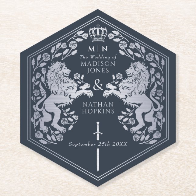 Blue Royal Lion Mediaeval Sword Wedding Paper Coaster (Front)