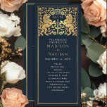 Blue Royal Lion Mediaeval Sword Wedding Program Programme<br><div class="desc">Unveil the magic of your big day! These mediaeval fantasy wedding programs feature a regal lion surrounded by intricate gold florals and a monogram against a navy blue background, blending elegance with a touch of grandeur. A perfect keepsake for your fairytale celebration! The gold featured on this item is NOT...</div>