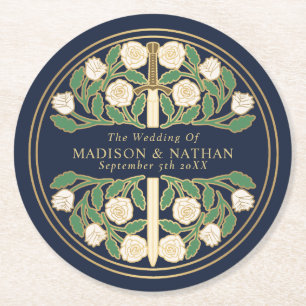Blue Royal Mediaeval Gold Floral Sword Wedding Round Paper Coaster
