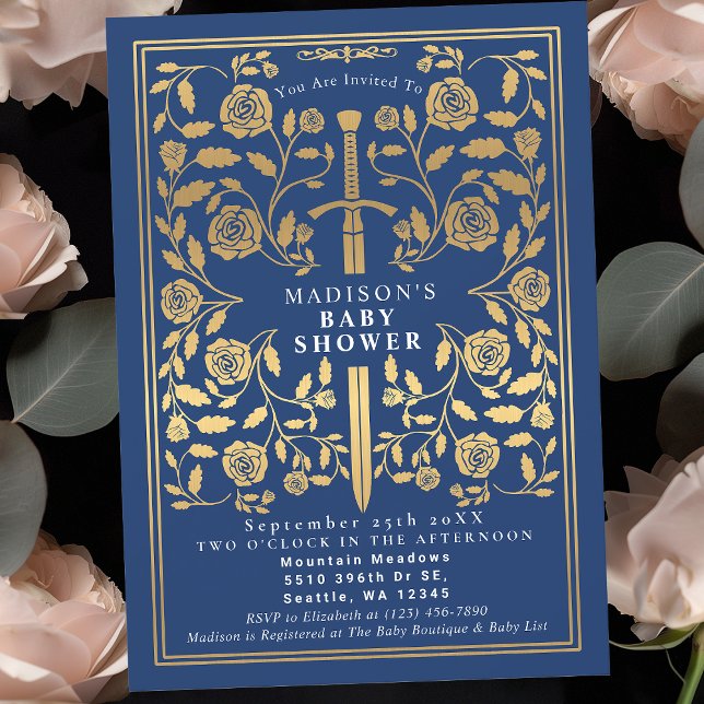 Blue Royal Mediaeval Gold Sword Boy Baby Shower Invitation (Creator Uploaded)