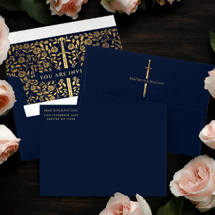 Blue Royal Mediaeval Gold Sword Wedding Envelope
