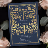 Blue Royal Mediaeval Gold Sword Wedding Invitation