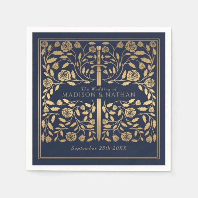 Blue Royal Mediaeval Gold Sword Wedding Napkin (Front)