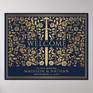 Blue Royal Mediaeval Gold Sword Wedding Welcome  Poster