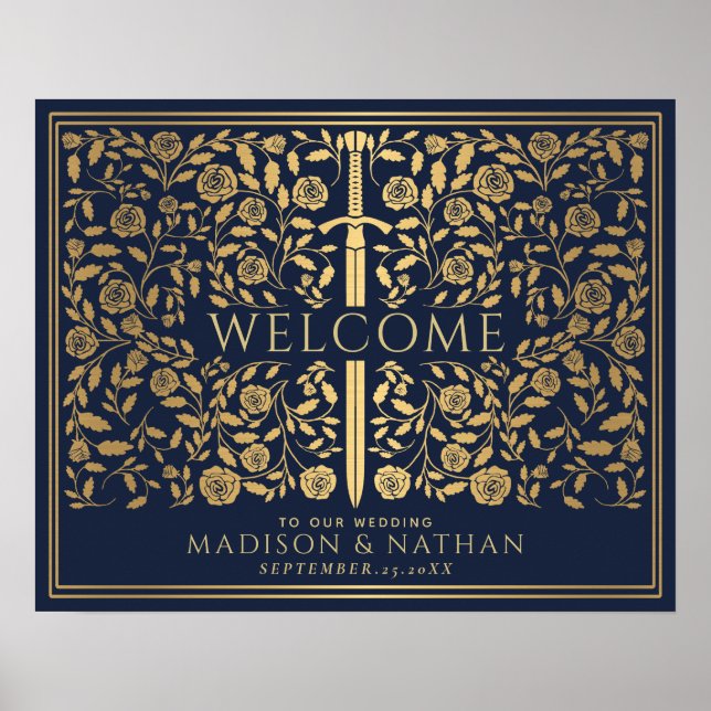 Blue Royal Mediaeval Gold Sword Wedding Welcome  Poster (Front)
