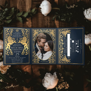 Blue Royal Mediaeval Lion Wedding Tri-Fold Invitation
