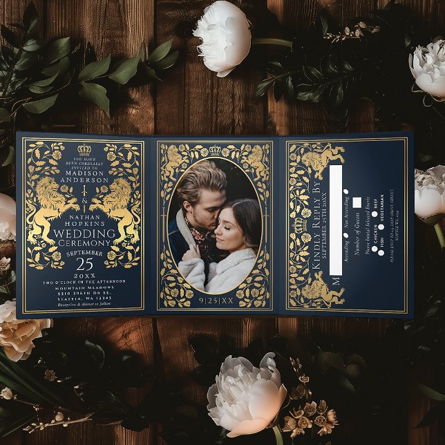 Blue Royal Mediaeval Lion Wedding Tri-Fold Invitation (Creator Uploaded)